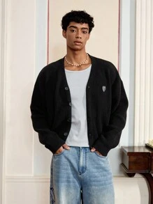 SWAVVY Men's Fashion Heart Pattern Drop Shoulder Long Sleeve Single-Breasted Knit Cardigan , Fall Winter, Grunge Style - Black - View 4