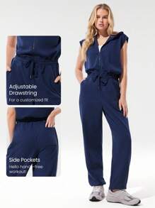 GLOWMODE 24" Everyday Terry Glow Hero Soft Sweat-Wicking Front Zipper Adjustable Drawstring Waist Back Pockets Ribbed Hem Hoodie Jumpsuit - Navy Blue - View 6