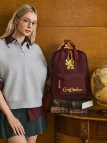 HARRY POTTER X SHEIN 女士时尚狮子字母图案大容量背包 - 酒紅色 - 查看 3
