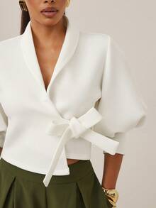 Vixey Solid Scuba Puff Sleeve Self Tie Wrap Around Top, Business Casual, Office - White - View 5