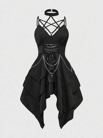Gothic Mysterious Pentagram Lace-Up Cross Metal Chain Asymmetrical Hem Spaghetti Strap Mid-Length Dress, Halloween
