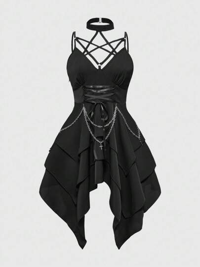Gothic Mysterious Pentagram Lace-Up Cross Metal Chain Asymmetrical Hem Spaghetti Strap Mid-Length Dress, Halloween
