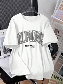 青少年女孩休闲舒适字母图案短袖圆领T恤，适合夏季穿着