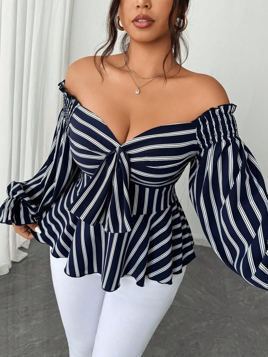 Elenzga Plus Size Off-Shoulder Long Sleeve Casual Vacation Blouse Fall Cloth For Women - Navy Blue - View 1