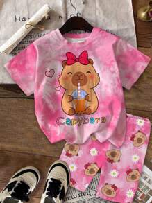 SHEIN 2件套幼儿女童休闲可爱卡通水豚印花扎染短袖T恤和短裤夏季服装 - 彩色 - 查看 2