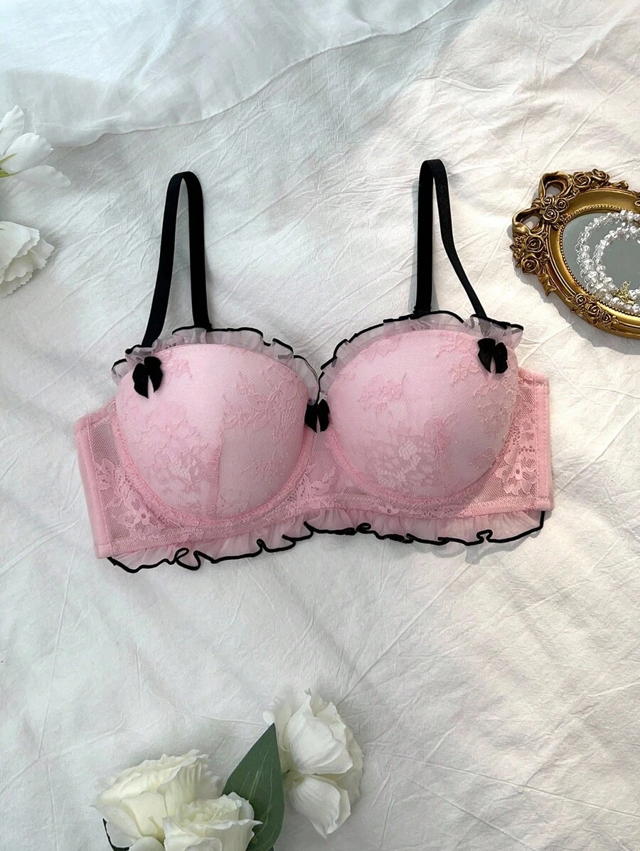 DelicateAllure 粉色字母图案可爱蕾丝设计时尚聚拢文胸，粉色蕾丝文胸，可爱聚拢文胸，蕾丝半罩杯文胸，舒适优雅细节内衣文胸 - 粉色 - 查看 1