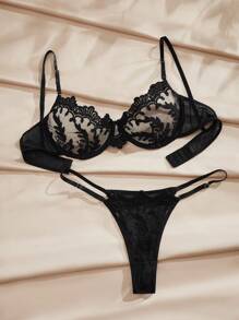 Charlaine Embroidery Sheer Mesh Underwire Lingerie Set - Black - View 8