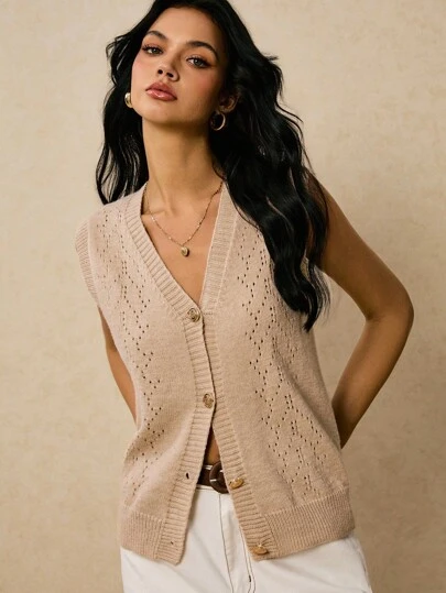 Poéselle Knitted Button Down Sleeveless Vest – Casual V-Neck Openwork Sweater Vest For Women,Knit Vest Women,Openwork Vest,Layering Sweater Vest In Fall/Winter