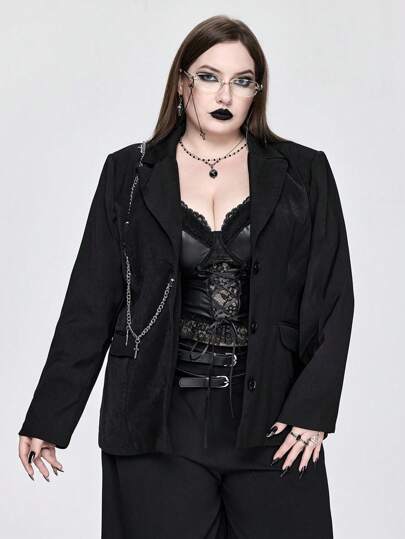 Plus Size Women's Gothic Fashion Chain Decor Black Blazer Jacket, Autumn