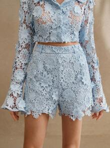 Anewsta Women's White Lace Trim Casual Vacation/Festival Shorts - Blue - View 3