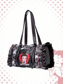 Betty Boop | ROMWE 女士缎面涤纶托特包，卡通图案单肩手提包，大容量通勤包