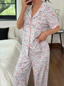 SHEIN 花卉印花翻领短袖睡裤睡衣套装 - 彩色 - 查看 1