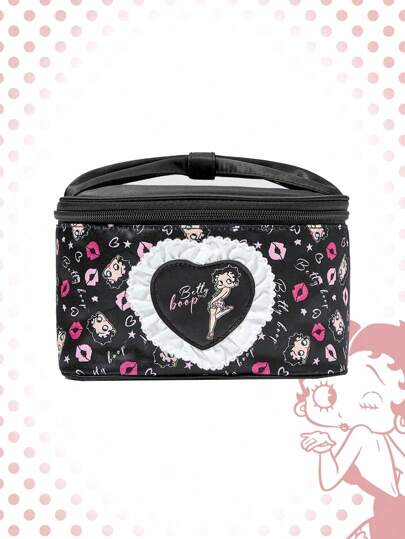 Betty Boop | ROMWE حقيبة مكياج صغيرة قابلة للحمل ذات نمط كرتوني ولون متباين مع تصميم الدانتيل وسعة كبيرة