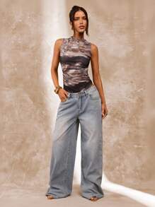 SHEIN BAE Women's Tie-Dye Ruched Asymmetric Tie-Dye Print Bodysuit, Spring/Summer - Khaki - View 1
