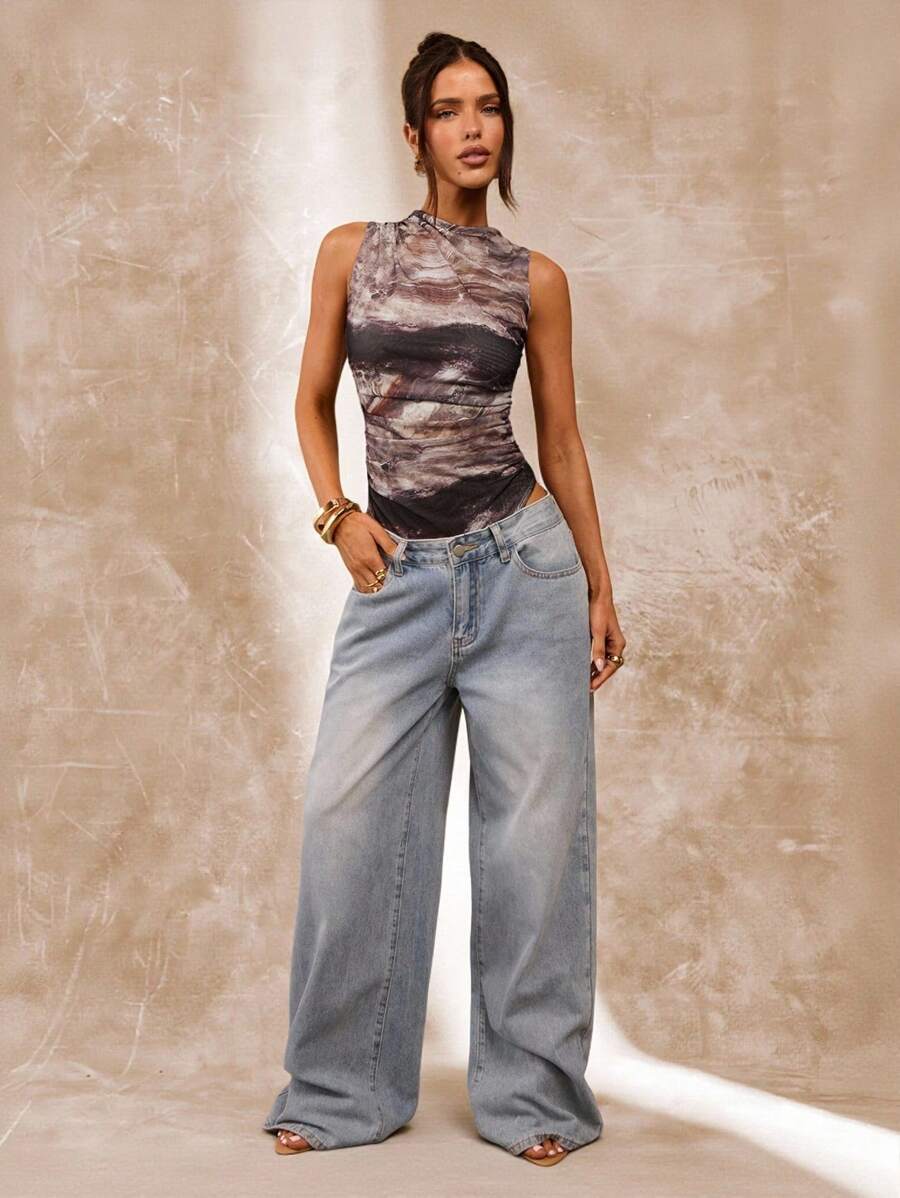 SHEIN BAE Women's Tie-Dye Ruched Asymmetric Tie-Dye Print Bodysuit, Spring/Summer - Khaki - View 1