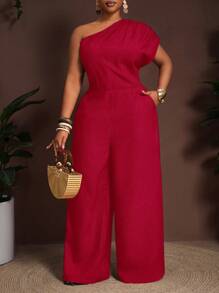 Slaydiva 2025 New Spring/Summer Plus Size Women's Graduation Party/Music Festival/Date/Vintage Western Vacation/Road Trip/Elegant Vacation/Tropical Vacation/Business Casual/Women's Vacation Jumpsuit - Deep Brown Single Shoulder Ruched Waist With Pockets Flared Leg Jumpsuit Plus Size Jumpsuit Jumpsuit For Women Wide Leg Jumpsuit Red Jumpsuit One Shoulder Jumpsuit - Red - View 1