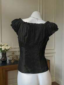 Comfortcana 大码女式黑色单排扣孔眼刺绣衬衫 - 黑色 - 查看 2