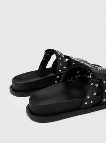 HighSole Mules de Mulher Moda Preta Simples com Tachas de Metal, Sola Grossa de Duas Camadas, Confortável, Adequado para Ir ao Trabalho, Encontros, Festas e Outras Ocasiões