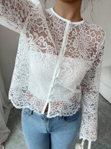 SHEIN Elenzya Áo khoác cardigan mỏng cổ tròn đính nút ngọc trai ren thanh lịch dành cho nữ - Màu be - Xem 3