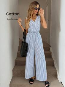 Easowa V 领腰带蝴蝶结口袋无袖连体裤阔腿裤，条纹编织棉质面料，休闲宽松通勤风格女式连体裤 - 藍白色 - 查看 7