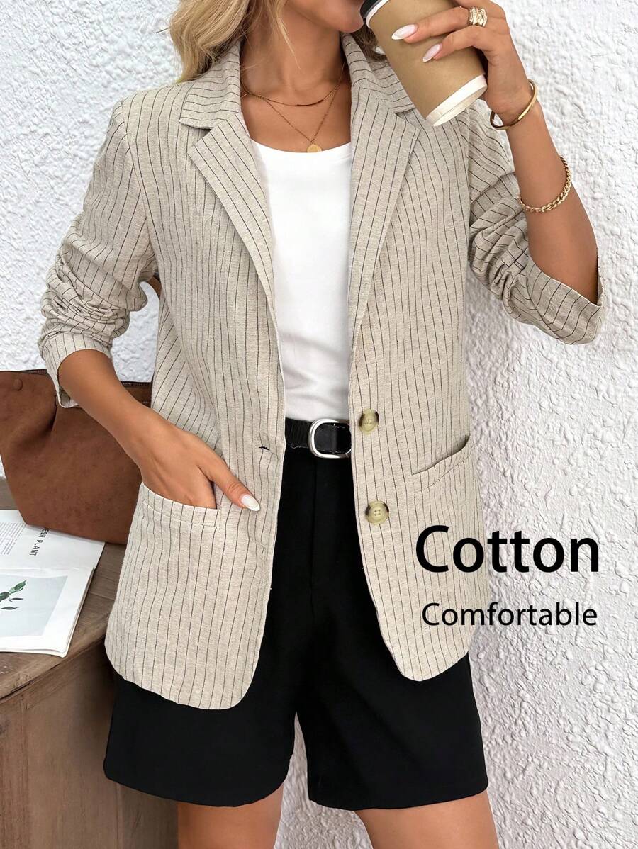 SHEIN LUNE Casual Women's Cotton Linen Striped Blazer, Cotton Back To School Teacher Fall Business Casual Fall Office Winter Lounge Work Teacher Old Money Style Old Money Travel Airport Office Winter Fall