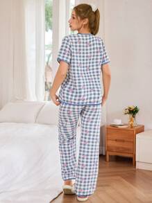 SHEIN Blue & White Plaid Bow Decor Short Sleeve Women Pajama Set - Multicolor - View 2