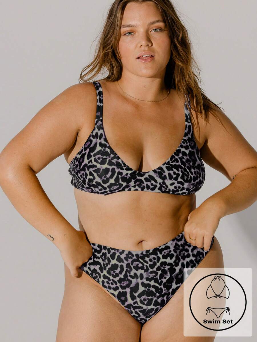 Aralina Curve Bold Style Leopard Print Adjustable Straps Triangle Vacaction Bikini Set With Swim Bag - Multicolor - View 1