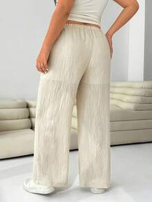 SHEIN Celana Panjang Kasual Ukuran Besar Warna Polos dengan Tali Serut, Potongan Lurus, Celana Linen Potongan Lebar, Celana Panjang Linen Wanita, Celana Linen Wanita, Celana Potongan Lebar Wanita - Aprikot - View 2