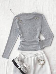 SHEIN Girlism Áo thun dài tay cổ tròn in hình bướm màu xám dành cho bé gái tuổi teen, thiết kế tối giản, nhún eo - Màu Xám nhạt - Xem 2