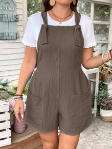 SHEIN LUNE 大码女式休闲纯色拼布口袋宽松吊带连体短裤（不含T恤），夏季