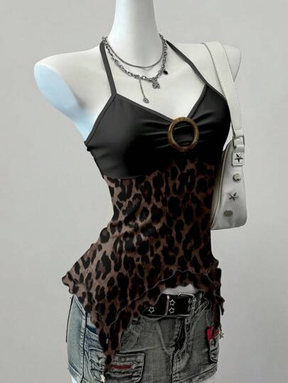 SHEIN EZwear Printed Mesh Vintage Leopard Boho Western Style Women Camisole Top, Grunge, Y2K, Suitable For Streetwear,Off The Shoulder Top