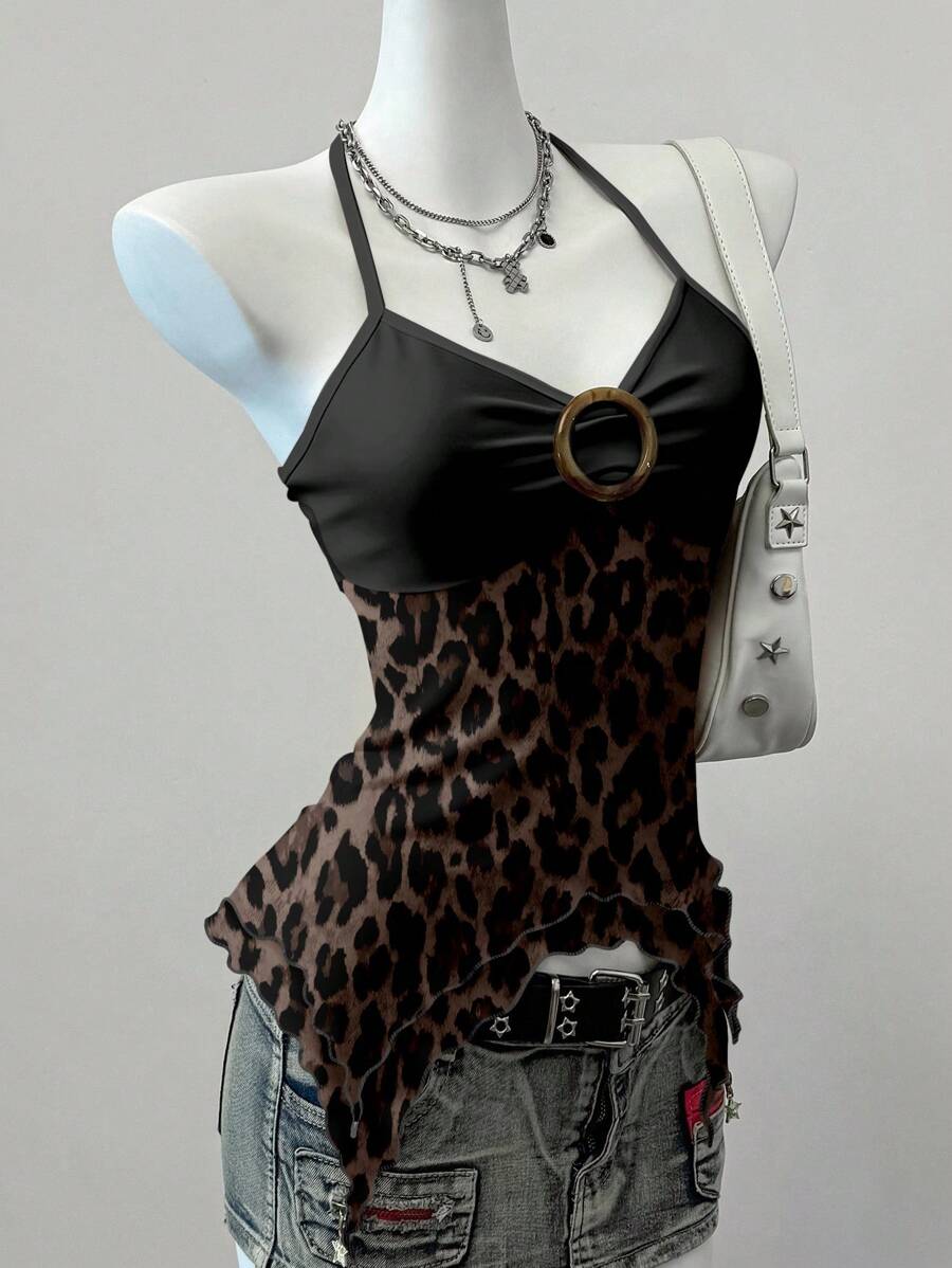 SHEIN EZwear 印花网眼复古豹纹波西米亚风女式吊带背心，Grunge，Y2K，适合街头潮流 - 彩色 - 查看 1