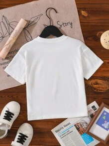 少女休闲简约清新假日风格时尚字母标语和芙蓉花图案圆领短袖 T 恤，夏季花卉上衣 - 白色 - 查看 2