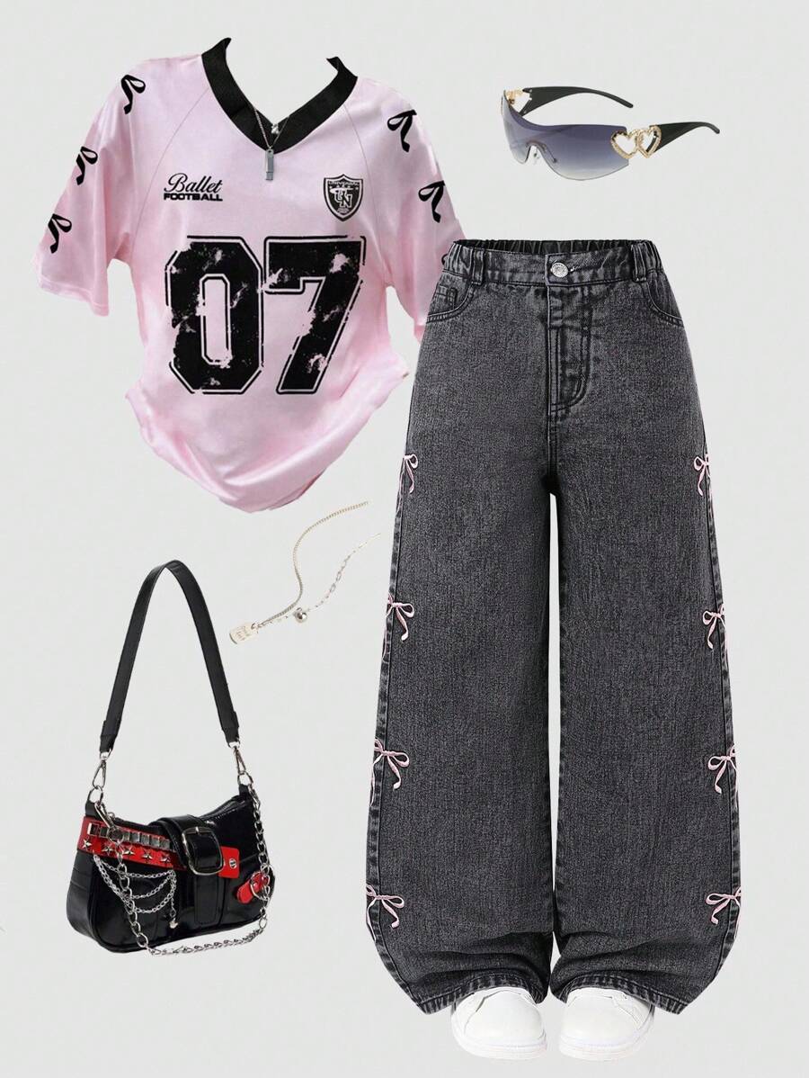 Tween Girls' Embroidered Denim Black Straight Leg Jeans, Sweet Casual Personalized Comfortable, Recommended College Style! Accented With Pink Bow Embroidery On Both Sides Of Pant Legs, High-Waist Design With Elastic Waistband + Fake Chain Decoration, Perfect Fit To , Straight Leg Cut, Elongates Proportions. Suitable For Daily Outings, Campus Casual, Weekend Travel, Back To School Season, Beach Vacation Stroll, Fashionable And Versatile!