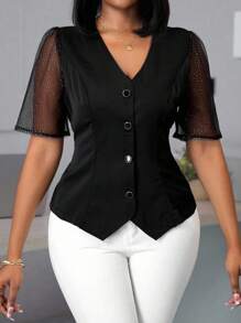 Lyxana Camisa de mujer casual de encaje de viscosa con abertura frontal y mangas 3/4, cintura ajustada, de uso versátil para el día a día, para primavera/verano
