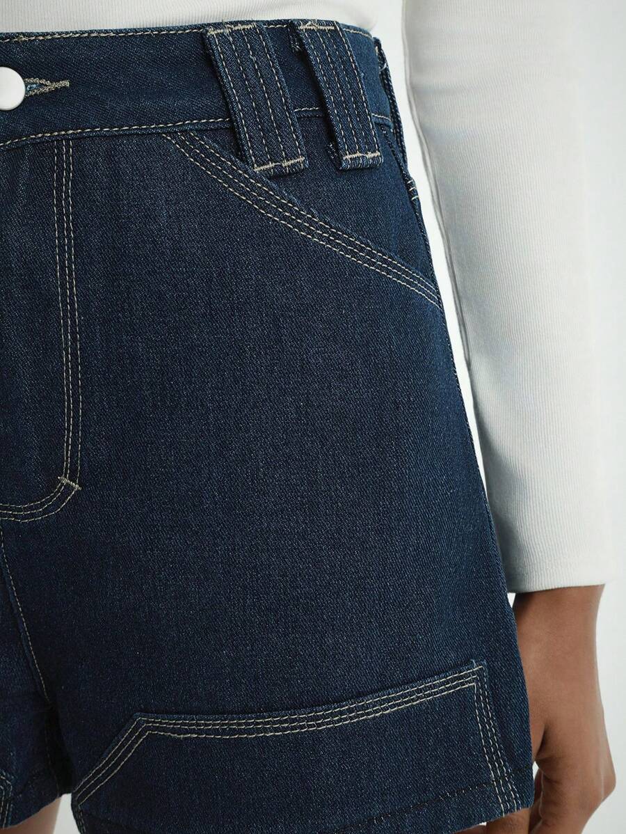 Daynim 女士休闲度假纽扣牛仔短裤 - 深色水洗藍 - 查看 1