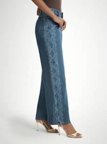 Daynim 女式花卉印花口袋阔腿休闲牛仔裤 - 中等水洗藍 - 查看 4