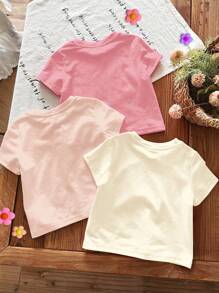 SHEIN Bộ 3 áo thun tay ngắn cổ tròn tối giản cho bé gái, phù hợp cho mùa xuân/hè - Nhiều màu - Xem 2