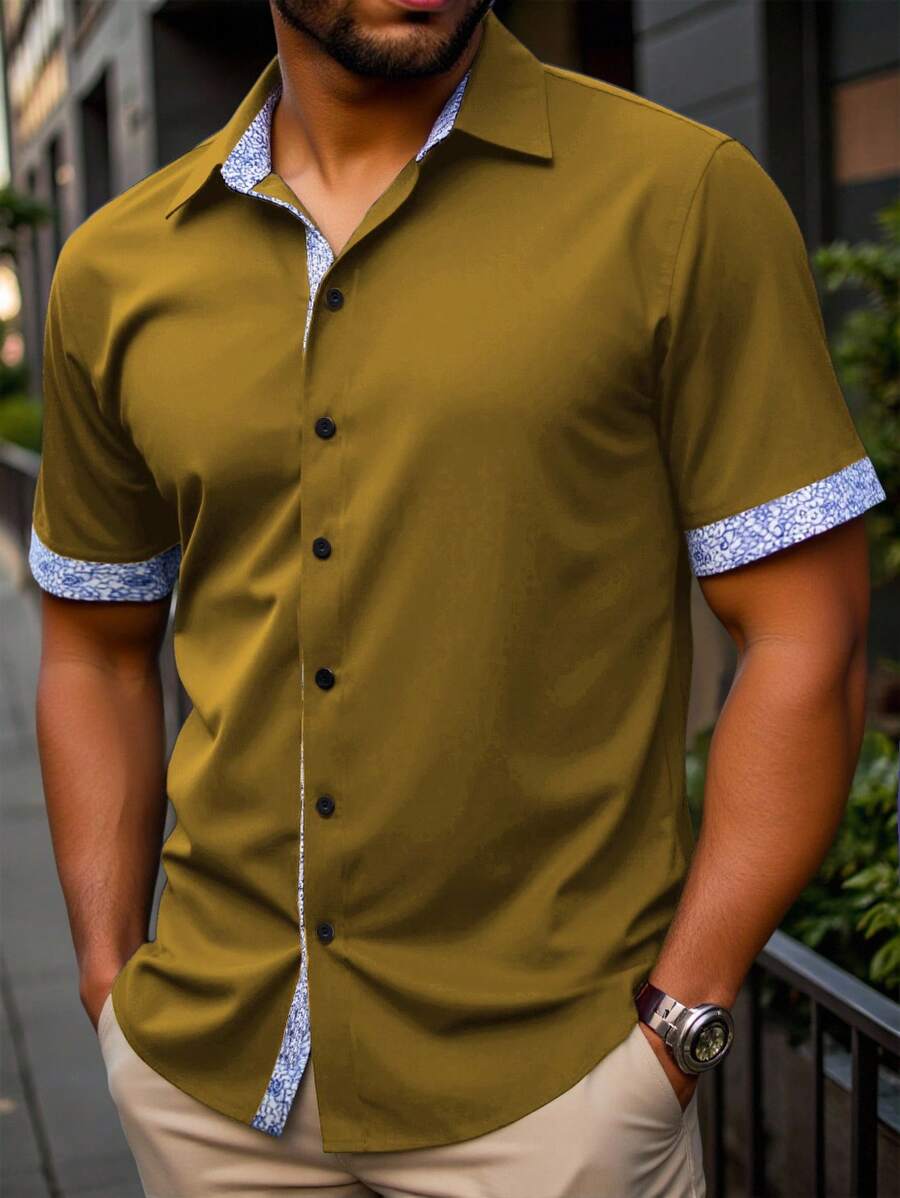 Manfinity Homme Plus Size Men's Summer Casual Contrast Trim Button Front Short Sleeve Shirt