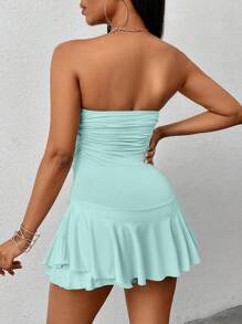 Zolique Ruffle Trim Strapless Jumpsuit Skorts, Fashionable Summer Outfit - Mint Blue - View 2