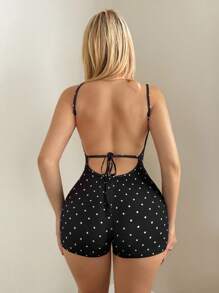 Sweetina Y2K House 女士性感细肩带露背波尔卡圆点印花紧身短裤睡衣 - 米色 - 查看 2