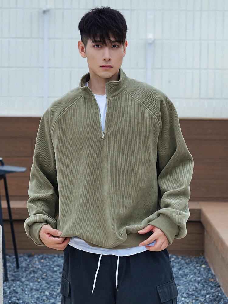 Men's Front Zipper Long Sleeve Simple Casual Top, Daily Wear Fall,Winter Quarter Zip Men