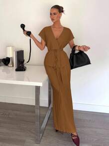 Siren Gaze Women's Elegant Casual Holiday/Office Commute V-Neck Belted Loose Jacket And High Waist Relaxed Pants, Suitable For Summer Brown