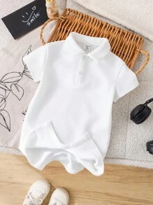 SHEIN 新生婴儿男孩/女孩柔软舒适白色短袖针织连体衣，适合室内、户外、日常、运动、派对、拍照、假日、节日、婚礼、迎婴派对、所有季节 - 白色 - 查看 5