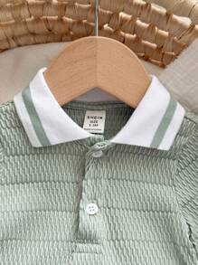 新生儿男/女宝宝绿色纹理柔软舒适提花面料撞色针织柔软polo领短袖半拉链连体短裤，适合度假、居家和外出穿着。 - 薄荷綠 - 查看 3