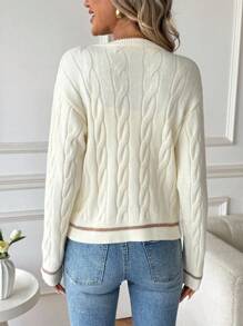 SHEIN Tall Women's 70s French Elegant Round Neck Knitted Cardigan,Blue And White Stripe,Autumn School Back-To-School Versatile Slim Fried Dough Twists Button, Tall Women - Apricot - View 2