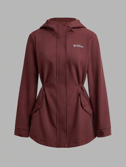 Gameset SHEIN Sport معطف كاجوال مطبوع عليه حرف مع جيب وأكمام طويلة وقبعة للنساء للاستخدام اليومي والخارجي