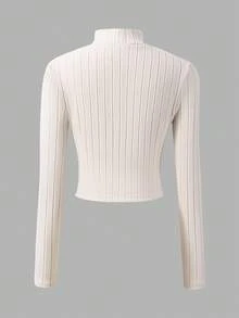 Sparklyn Camiseta casual de manga larga con cuello alto y unicolor acanalado para adolescentes, verano - Caqui - Ver 3