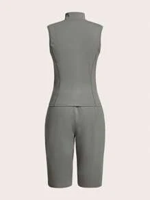 SHEIN Sports Women's Stand Collar Half Zip Front Sleeveless Vest And Knee-Length Shorts Outdoor Set - Grey - View 4