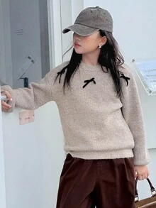 DAZY 青少年女孩休闲日常蝴蝶结装饰落肩罗纹针织毛衣秋冬 - 灰色 - 查看 5